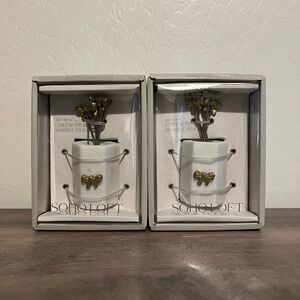 Soho Loft Gold Brass Bow Cheese Picks w White Marble Holder Set of 2